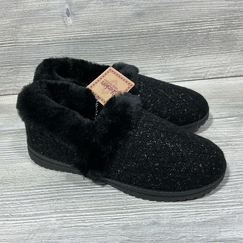 Skechers Cozy Lite Sparkle Knit Sweet Walk Slippers Black Casual Womens Size 7.5